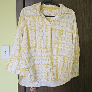 Chico's Floral Leaf Print Button Up Shirt Sz 1 (8)‎ Yellow Office Coastal Travel